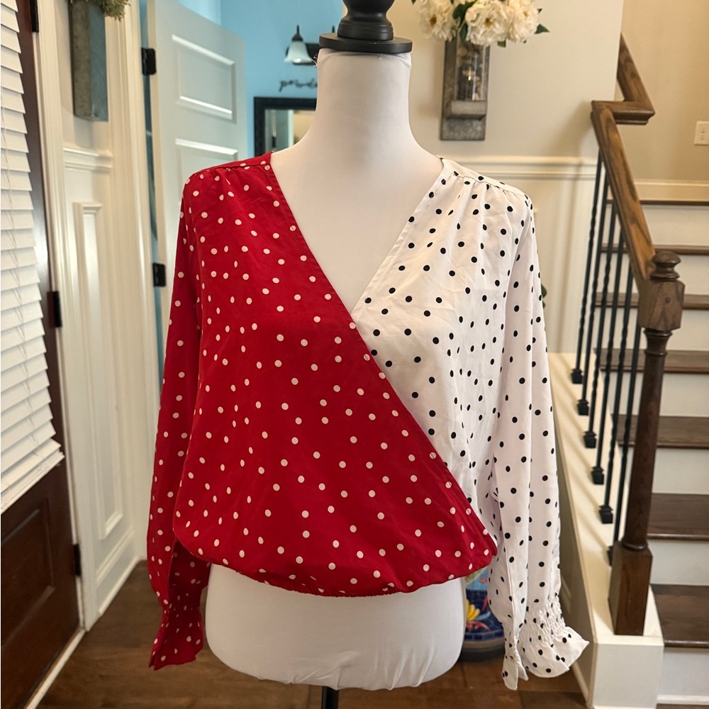 Sucrefas NWT Polka Dot Faux Wrap Blouse - Red and White
